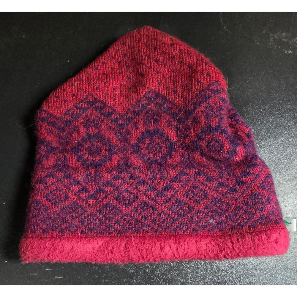 Vintage Turtle Fur Beanie Hat Red/Pink Purple Fair Isle Wool Blend Fleece Lined